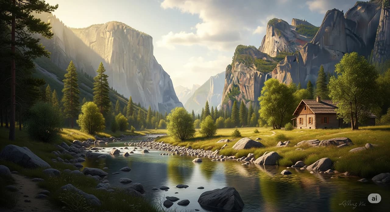 AI-generated valley landscape demonstrating detailed color, lighting, and texture quality associated with Imagen 4 in the imagen family